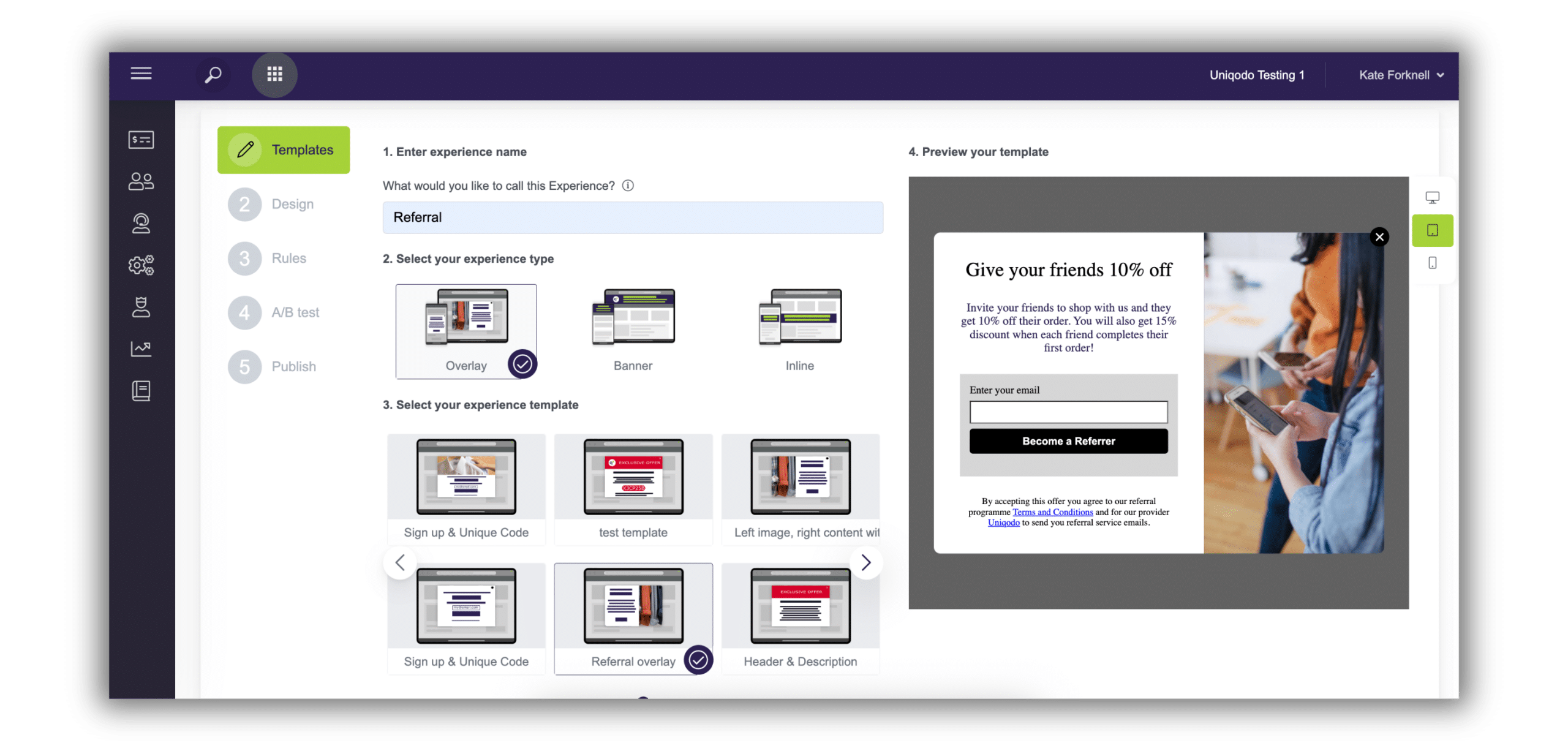 Screenshot of the the referral overlay setup screen used to configure the look and behaviour of the refer a friend overlay