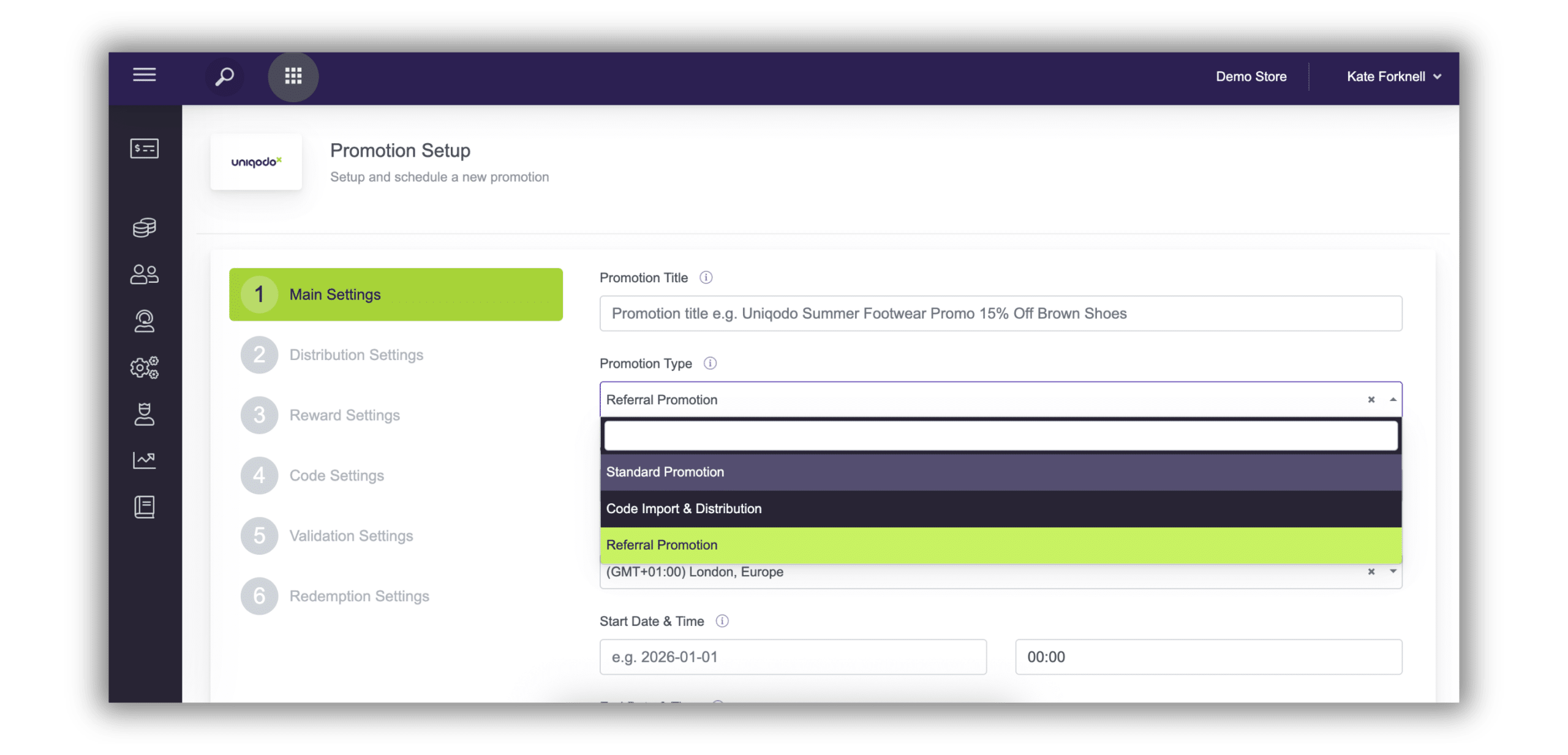 Screenshot of the Promotion Setup screen. Used to configure the core details of a referral promotion.